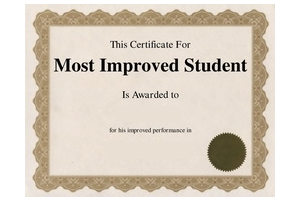 Image of a 'Most Improved Student' certificate.