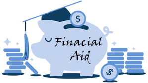 Piggy bank with a cap on its head and stacks of books on either side. Coins are in the forefront of the books. The title reads "Financial Aid" within the piggy bank.