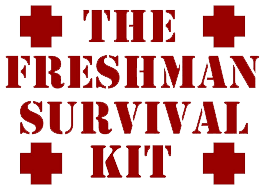 "Freshman Survival Kit" in large letters, with the medical plus symbols in each of the four corners.