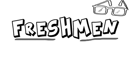 The word "Freshman" in think letters with glasses on the upper right hand side. Freshman has a line under it.