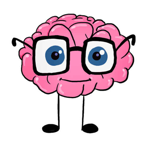 Cartoon image of a brain with glasses and big eyes to symbolize thinking.