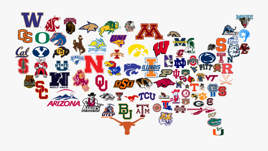 Map of the United States of America with the college football sports logo representing each state.