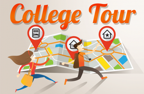 Image of a road map with two teenagers running in front of it looking for a college. The top reads "College Tour".