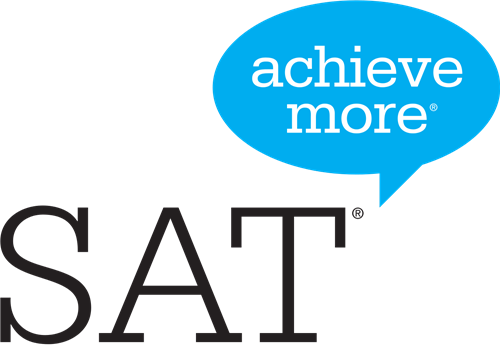 Letters "SAT" with a thought bubble that reads "Achieve More".