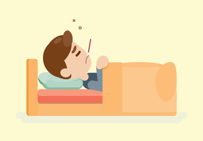 Boy laying in bed with a thermometer in his mouth.