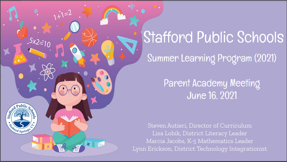 Image of the first slide of the Stafford Public Schools PDF for the 2021 Summer Learning Program.