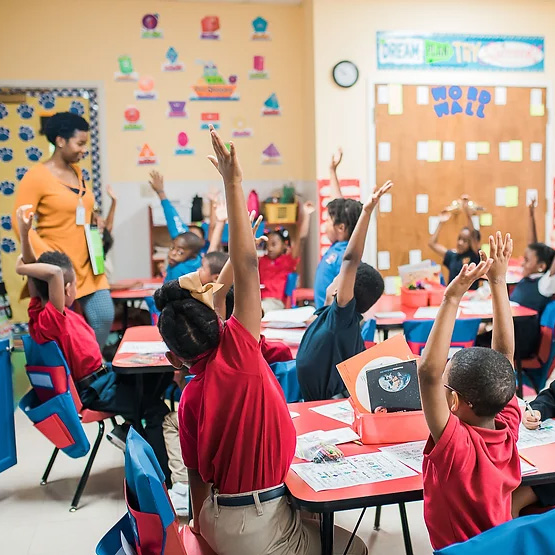 kids raising hands in class