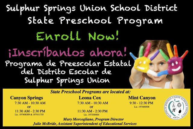 Enroll Now Sulphur Springs Union School District State Preschool Program.