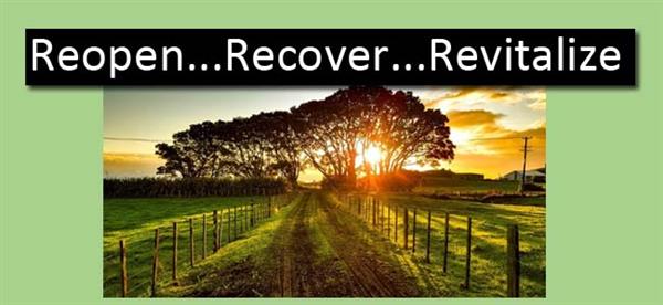County Road heading into the sunset with words Reopen Recover Revitalize