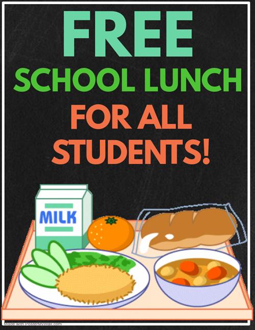 Free school lunch for all students flyer with a tray of school lunch 