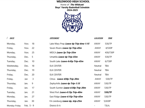 WMHS Boys Basketball Schedule