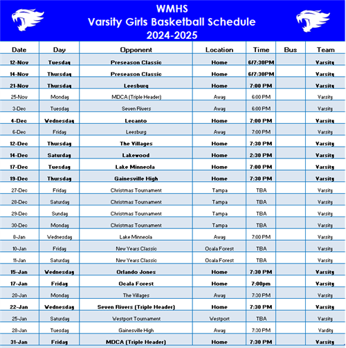 WMHS Girls Basketball Schedule 24-25