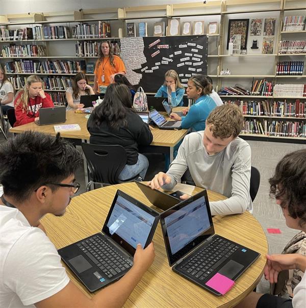 Students working in the library