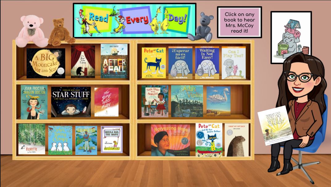 A cartoon likeness of Mrs. McCoy sitting in a library with various book covers on shelves A cartoon likeness of Mrs. McCoy sitting in a library with various book covers on shelves