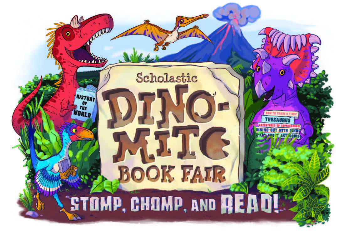 Logo for Scholastic Dino-Mite Book Fair featuring dinosaurs holding books