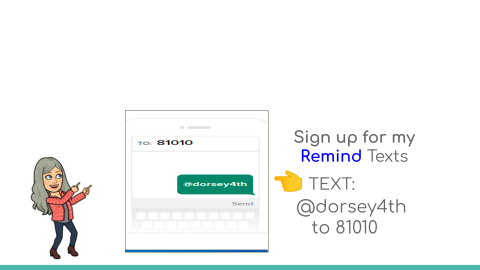 bitmoji teacher pointing at directions to text @dorsey4 to 81010