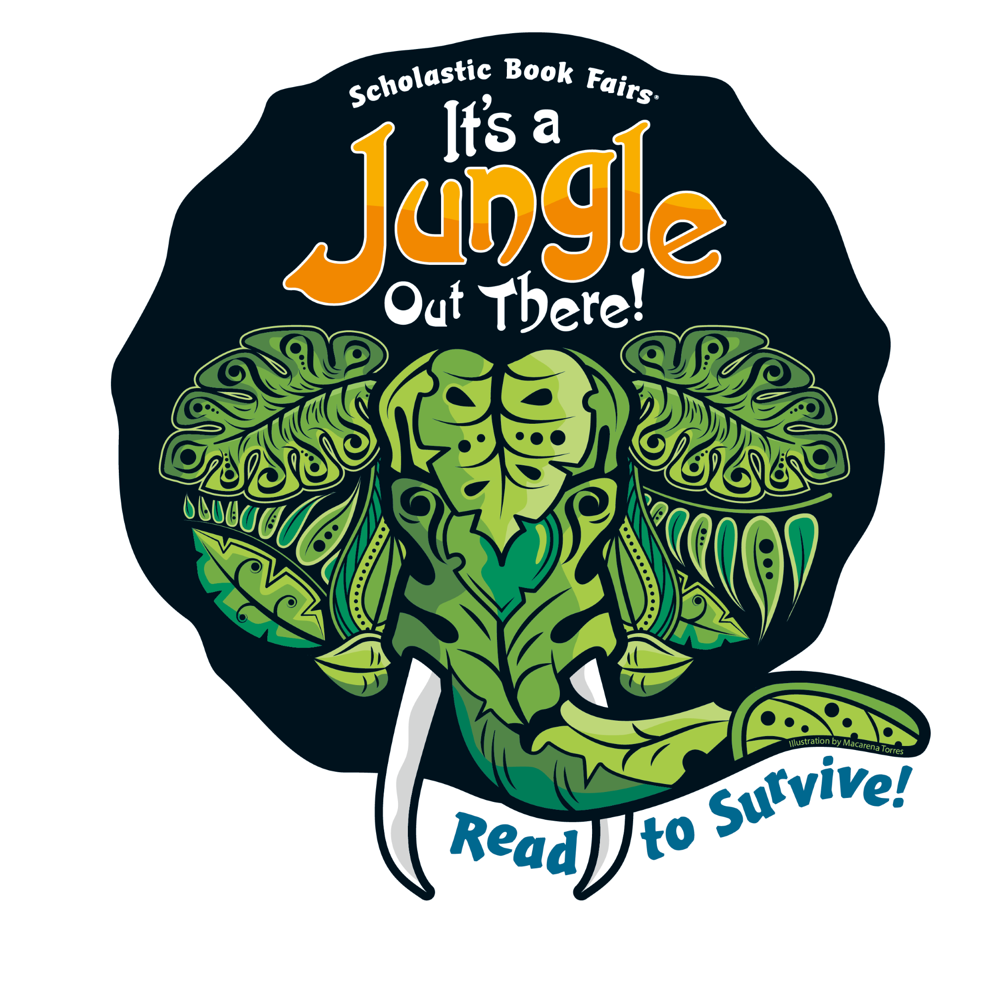 Scholastic book fair logo with a jungle elephant Scholastic book fair logo with a jungle elephant
