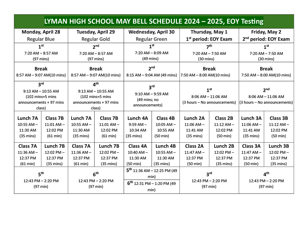 Testing Schedule May 1st and 2nd