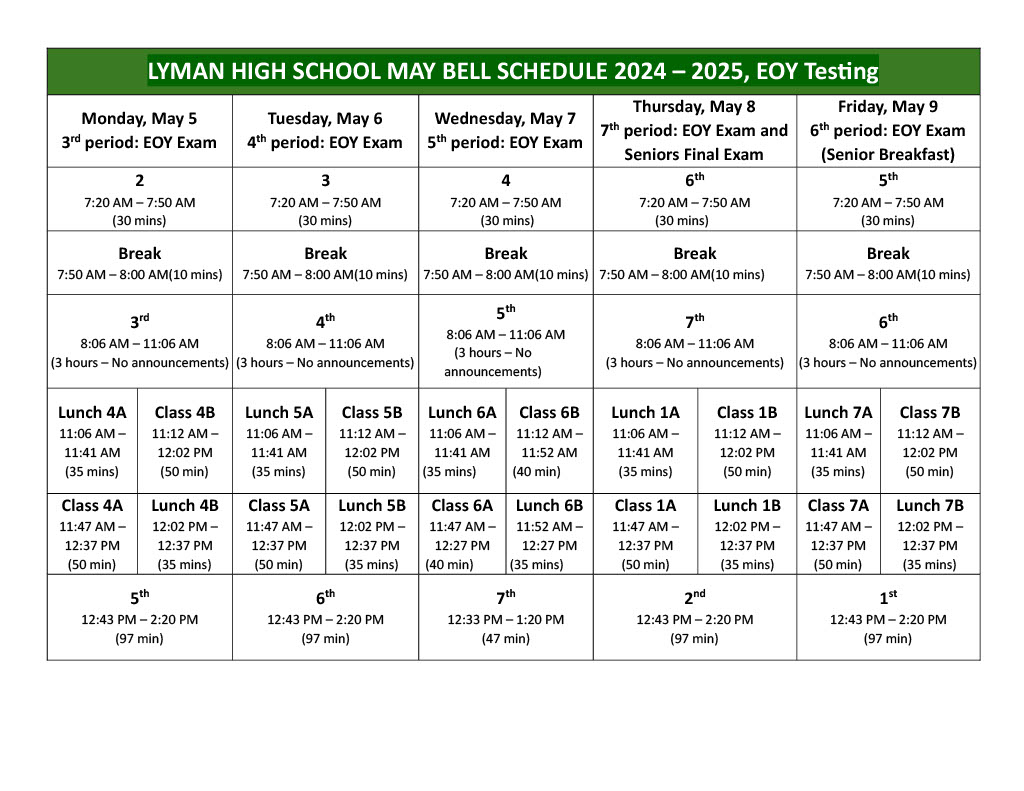 Bell Schedule May 5th - 9th
