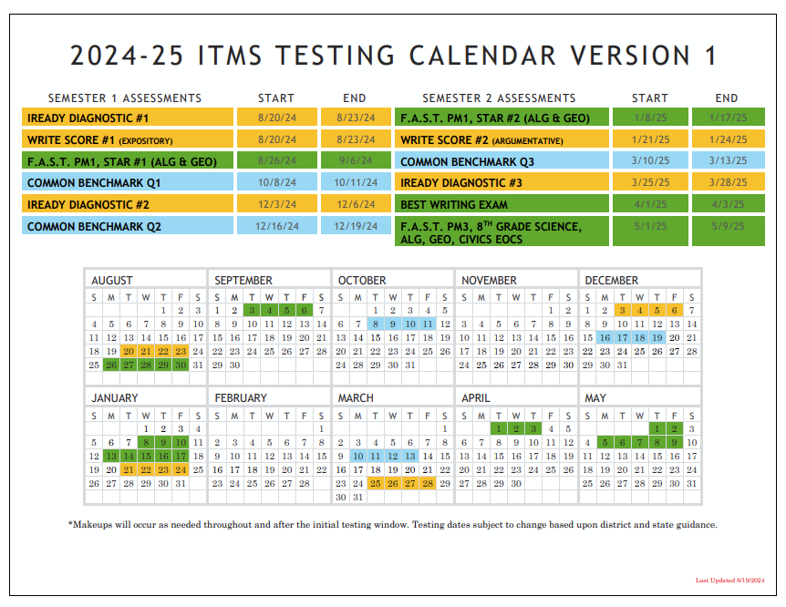 Indian Trails Testing Calendar Image