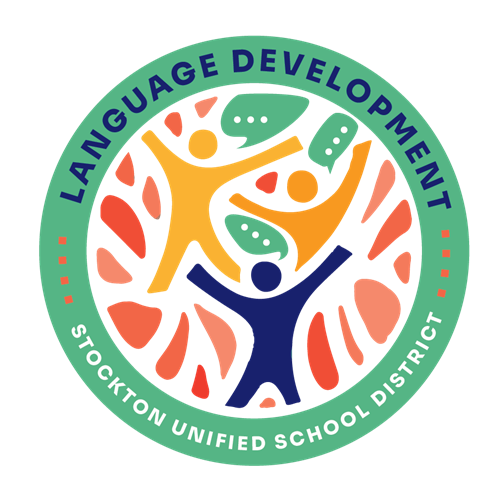 Language Development Office logo in teal with three shapes of students in various colors with talking bubbles