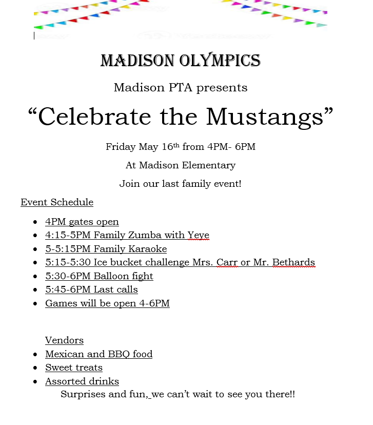  Madison Olympics/Family Celebration on May 16th from 4-6:00 PM