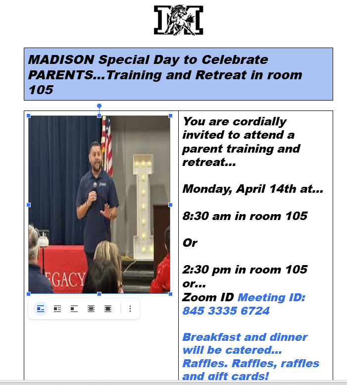  Madison's Parent Retreat and Training at 8:30 am and 2:30 pm