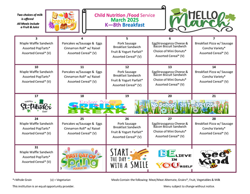 Breakfast Menu March