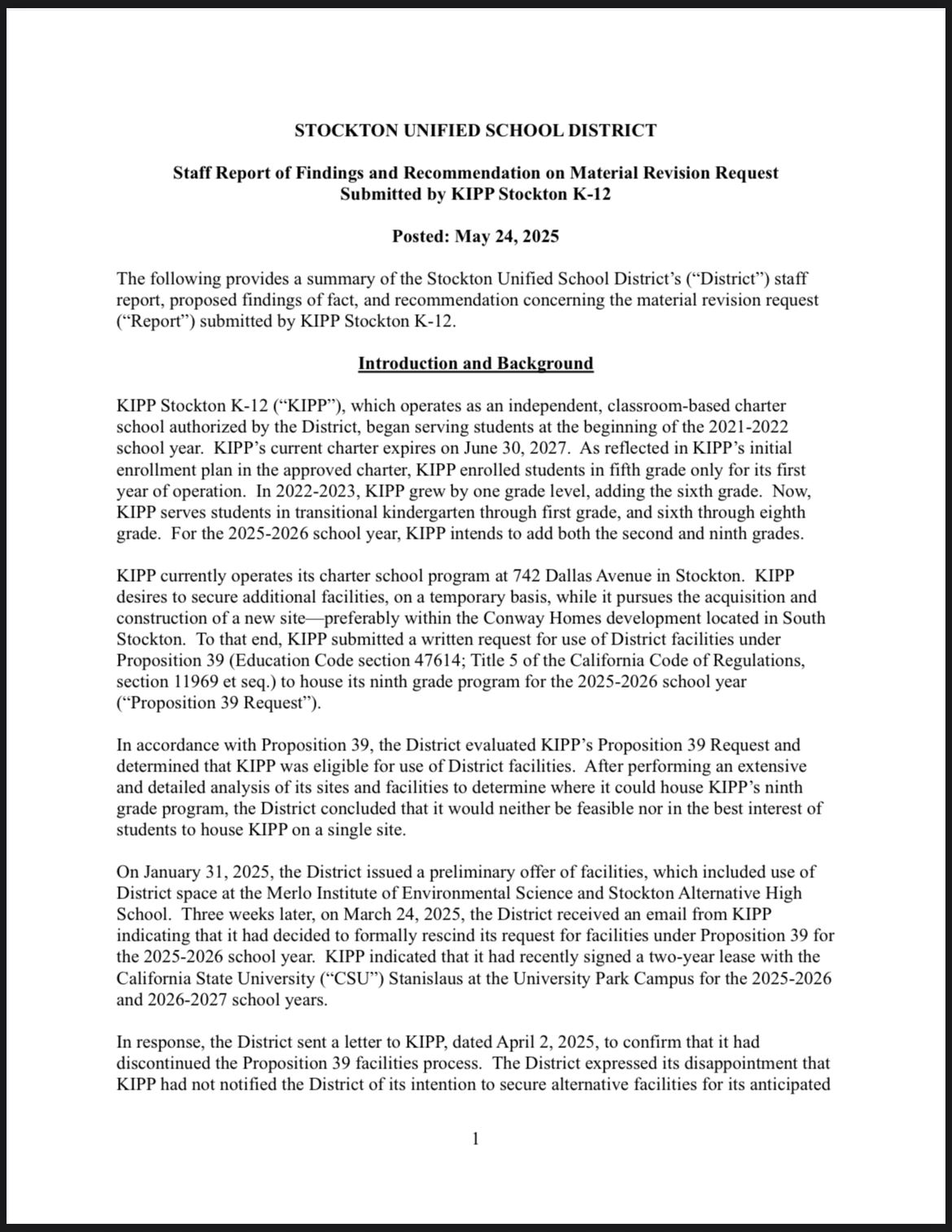 Staff Report KIPP Stockton K-12 Material Revision