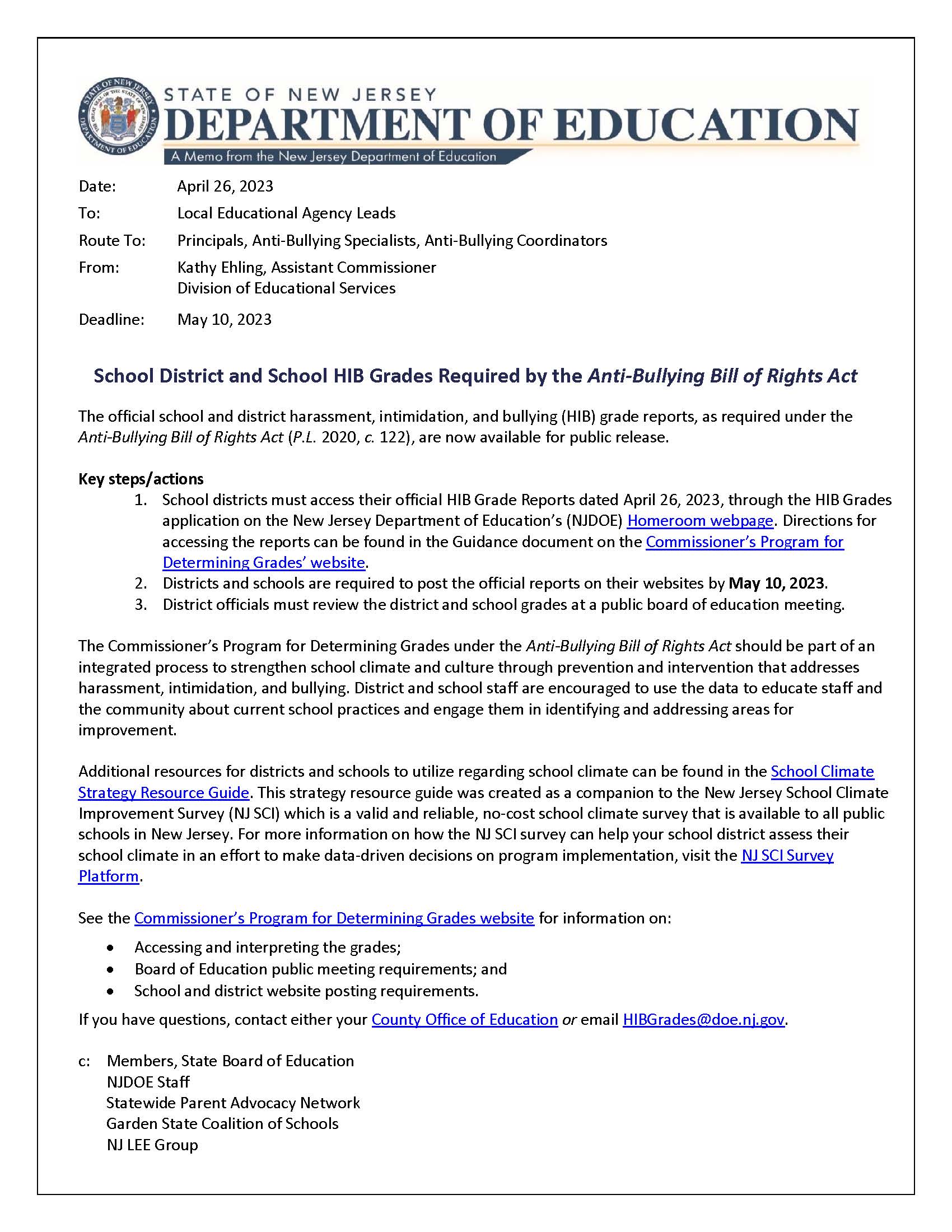 District and School HIB Grade Report