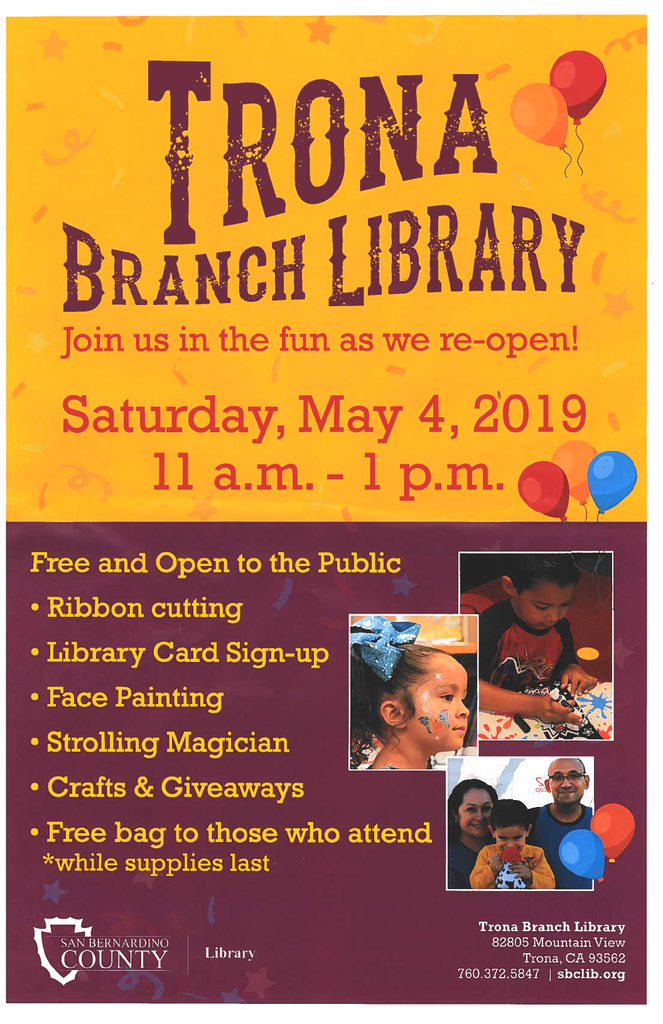 Flyer for Trona Library Reopening May 4th