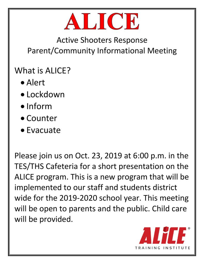 ALICE Flyer Active Shooter Community Meeting for October 23,2019 at 6:00pm