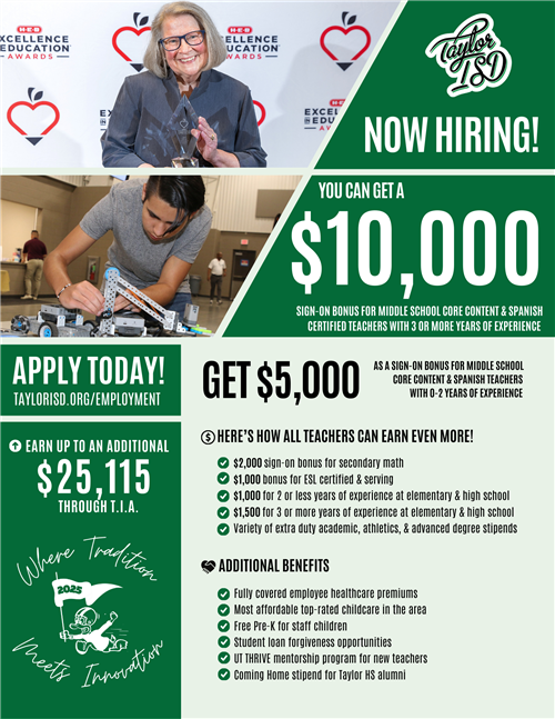 Taylor ISD $10,000 sign-on bonus flyer