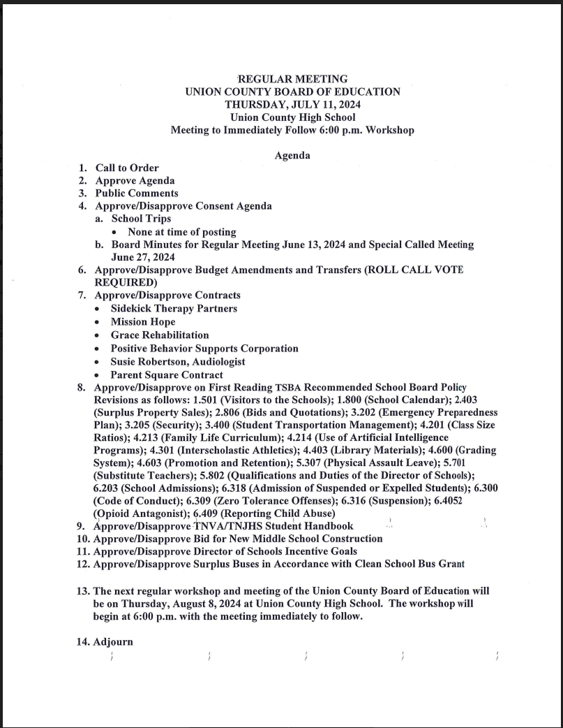 July 11 School Board Agenda