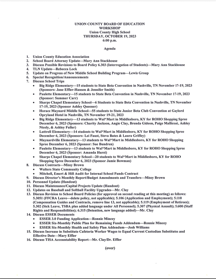 October School Board Agenda 10/19/23