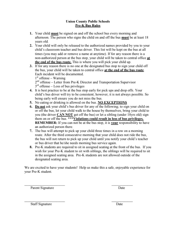Pre K Bus Rules