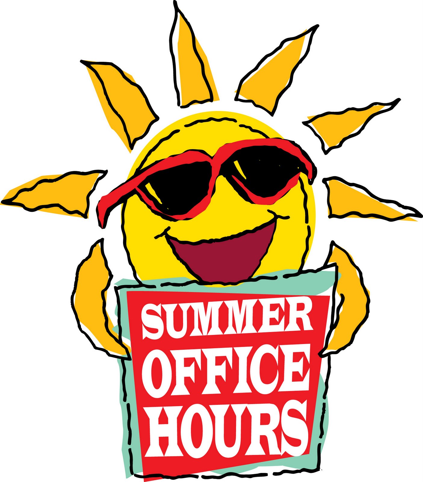 Sunshine with sunglasses holding a "summer office hours" sign