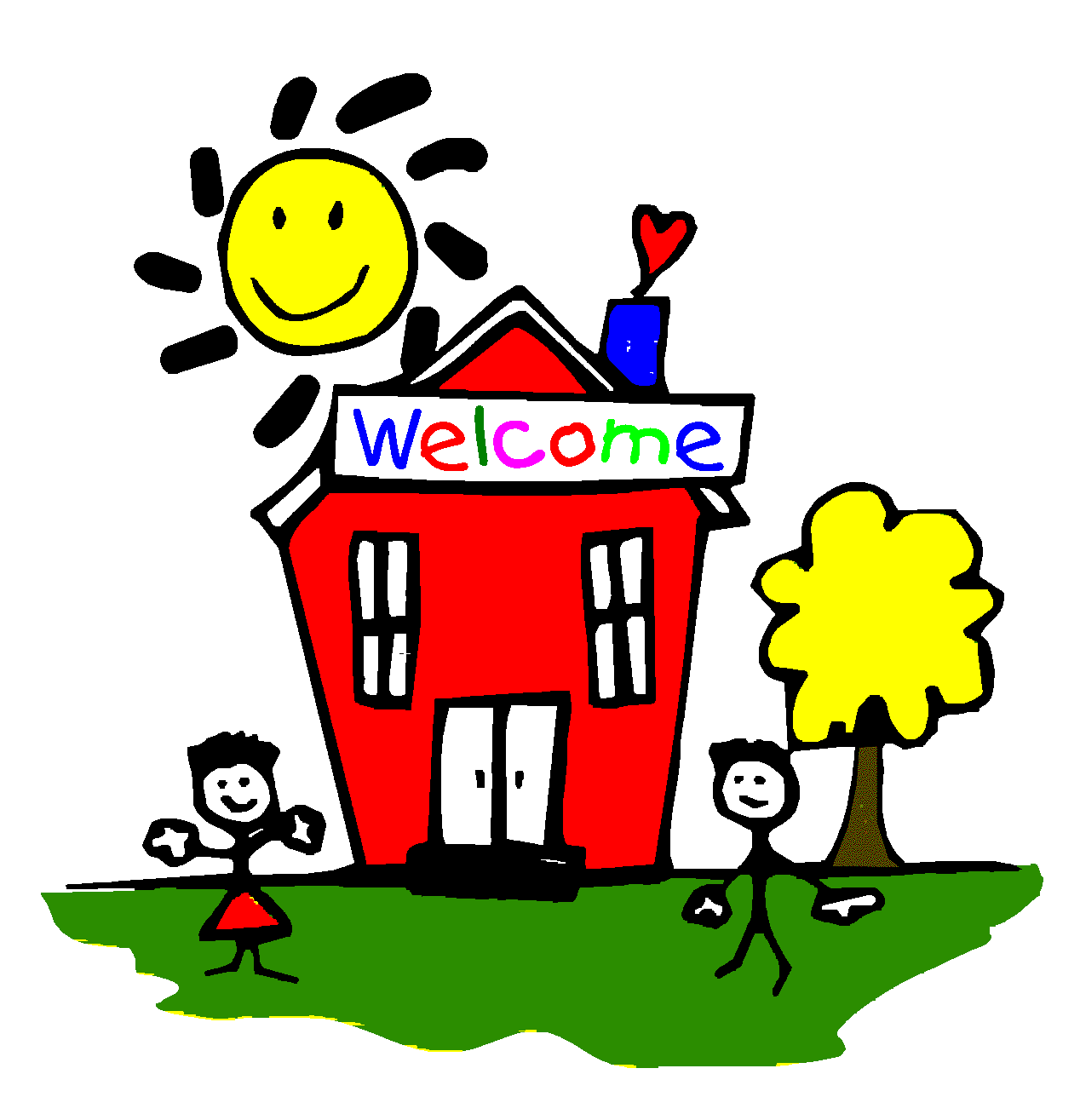 School house with the word "welcome" on top