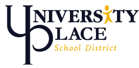 University Place School District 38 logo. Text spelling out the name, with the 'i' represented by a human figure.