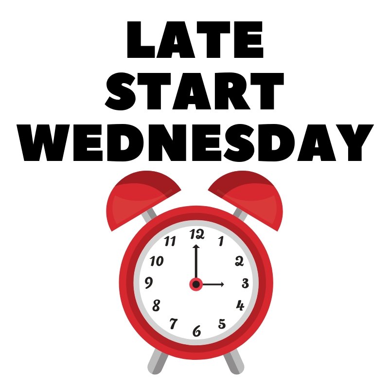 Red alarm clock with the words  "Late Start Wednesday" in black