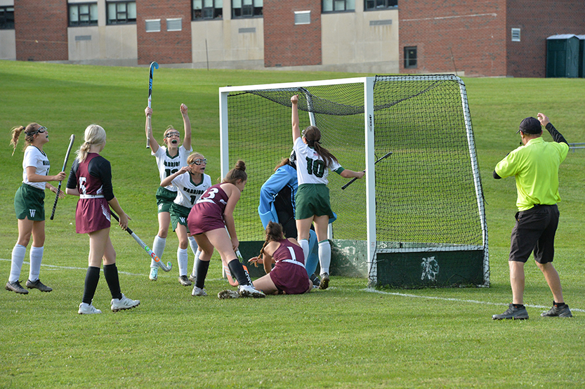 Field Hockey players cheer after a teammate scored a goal