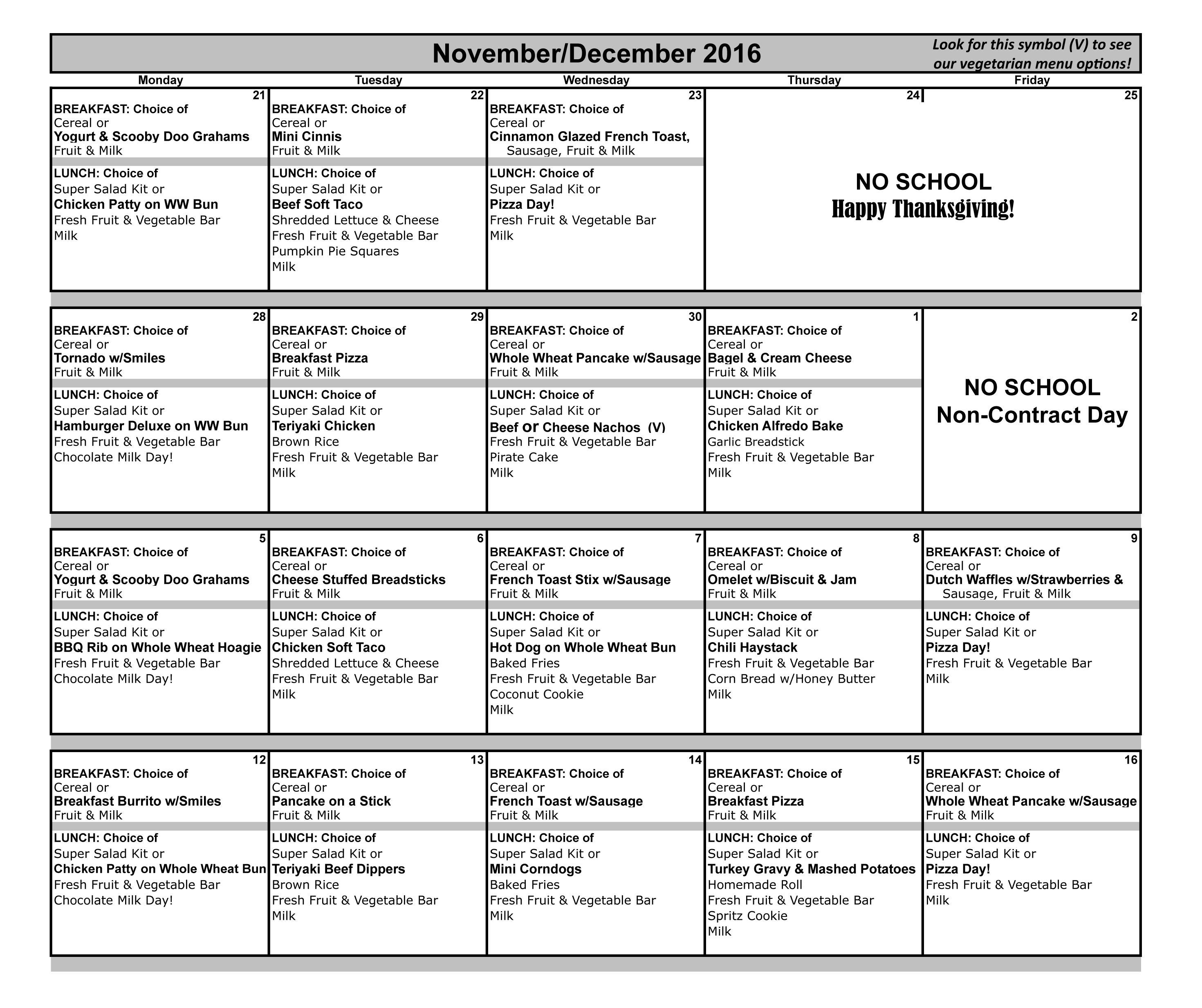 December 2016 Lunch Menu