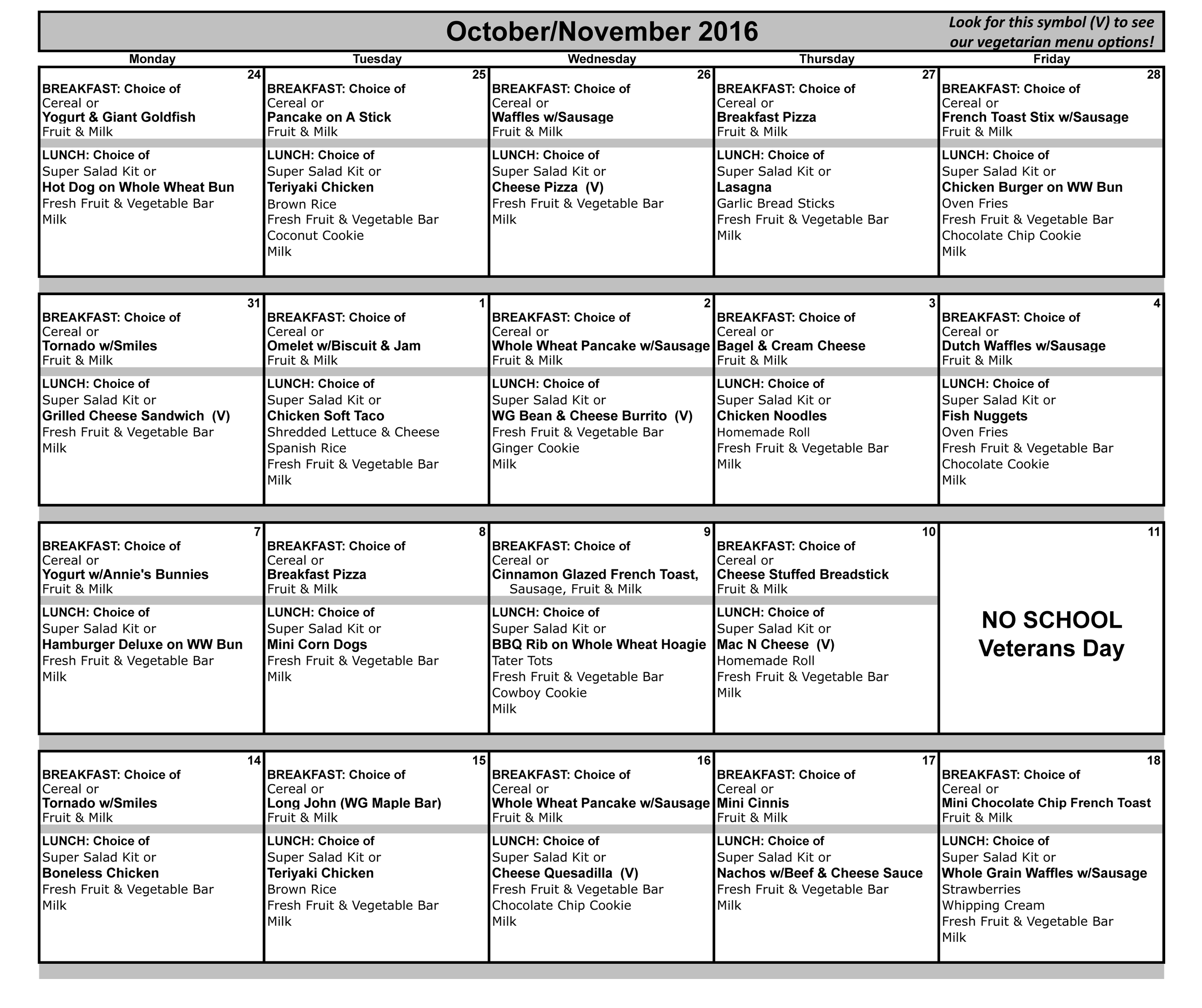 October - November 2016 Lunch Menu