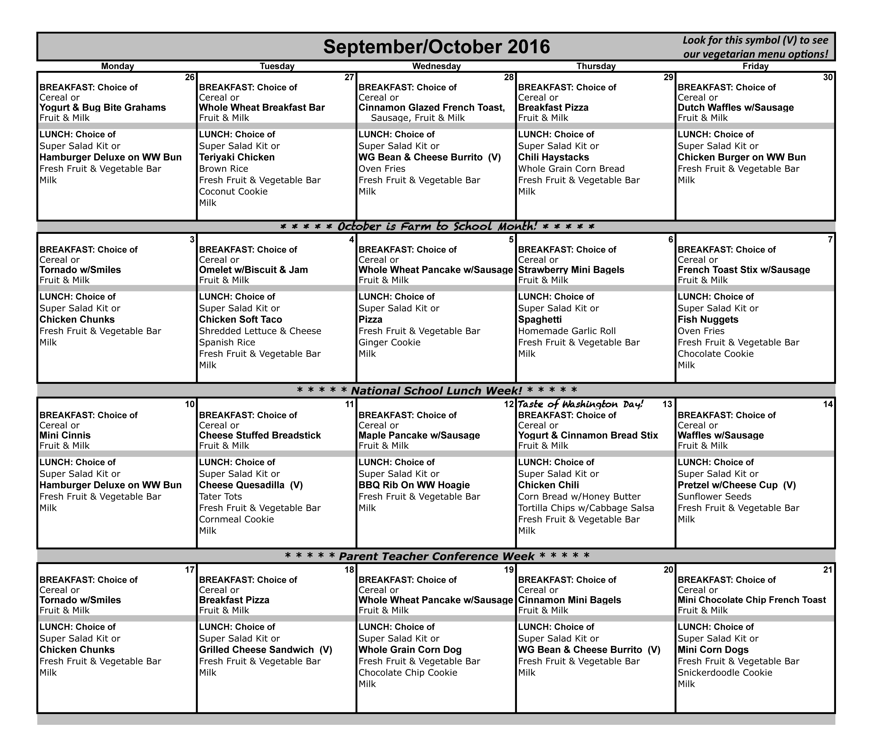 October 2016 Lunch Menu