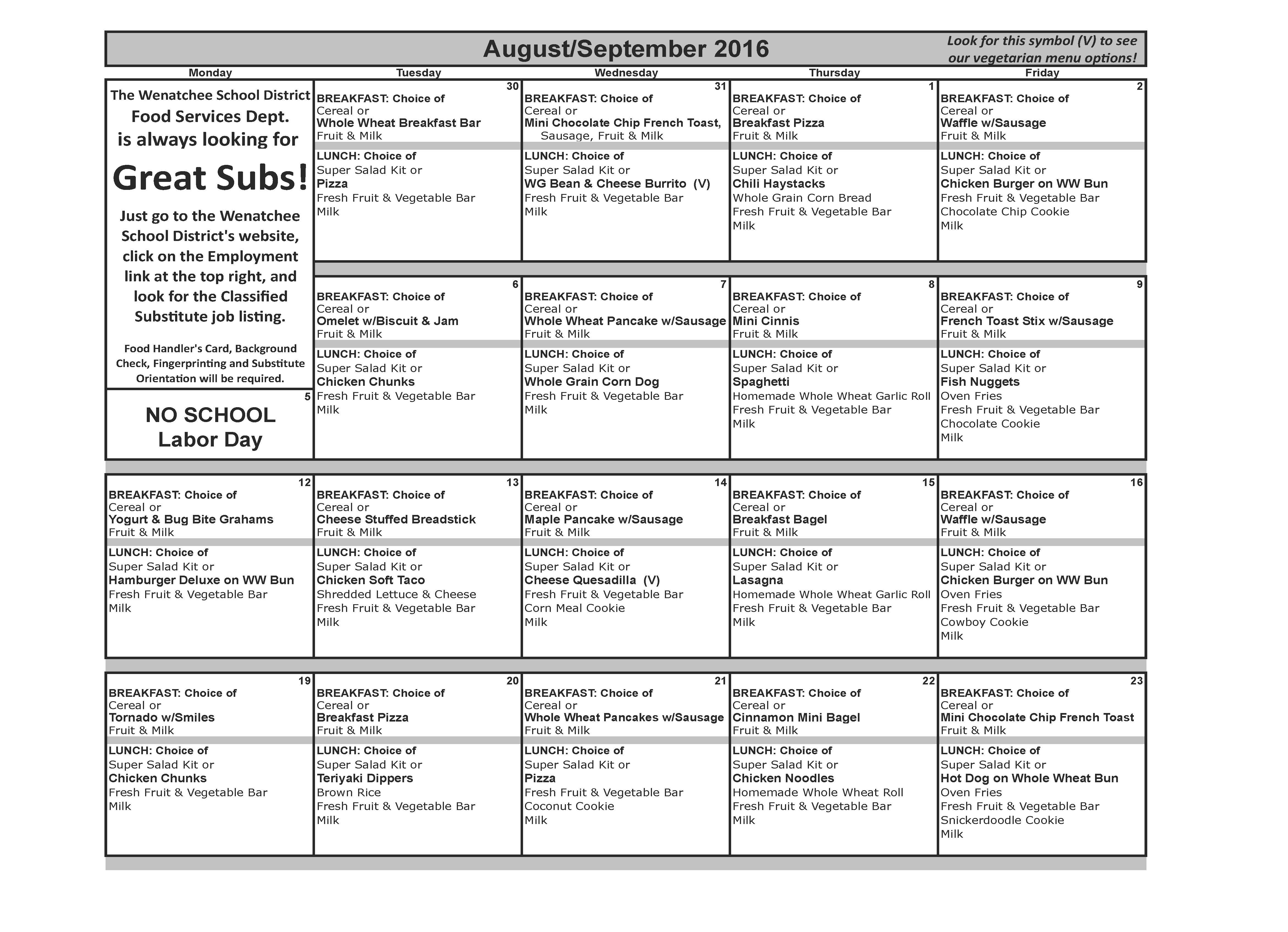 September 2016 Lunch Menu