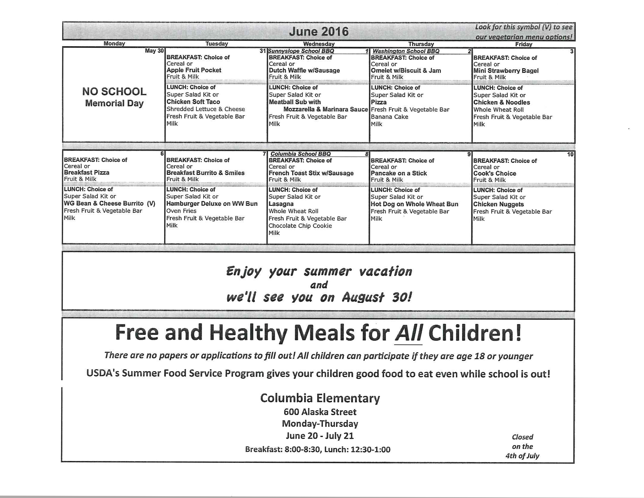 June 2016 Lunch Menu