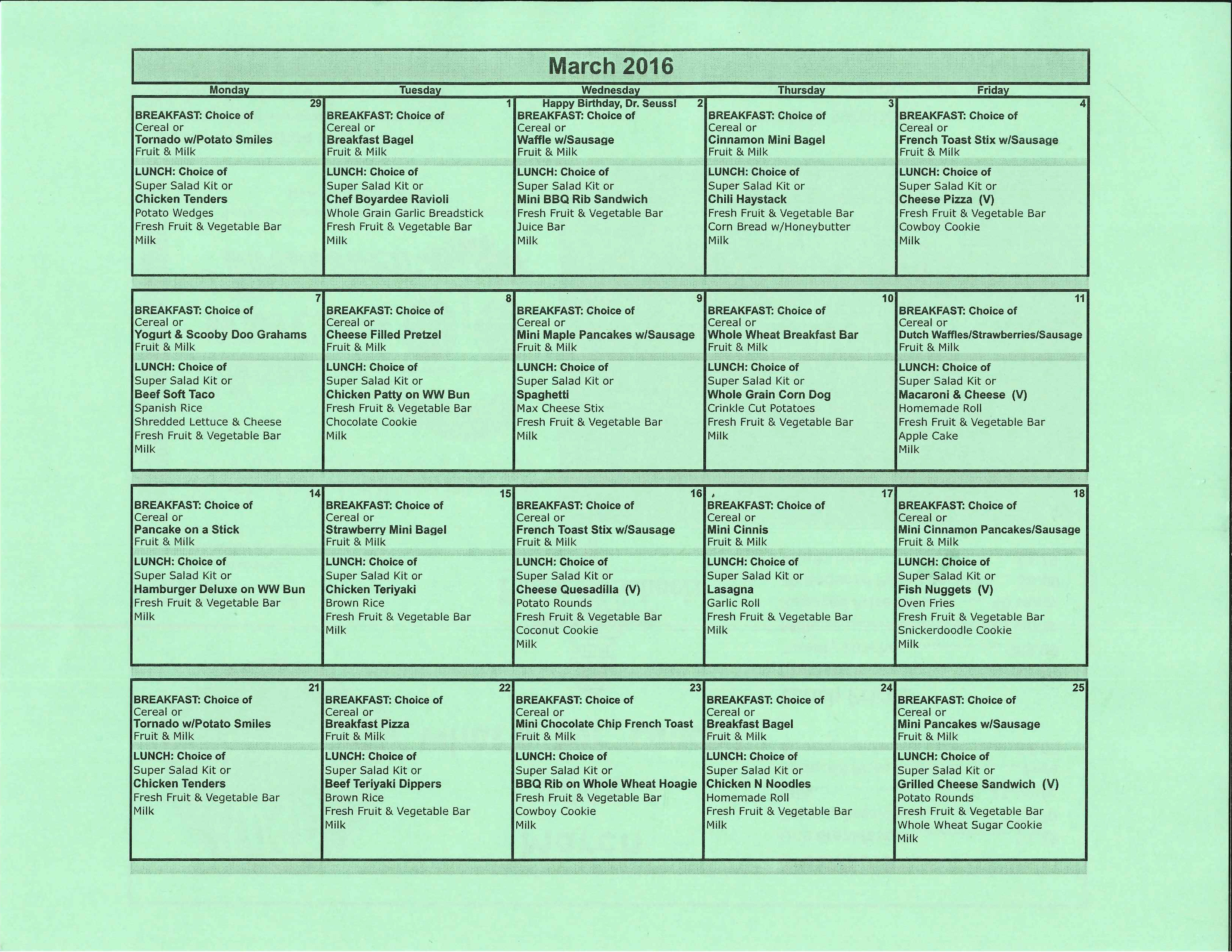 March 2016 Lunch Menu