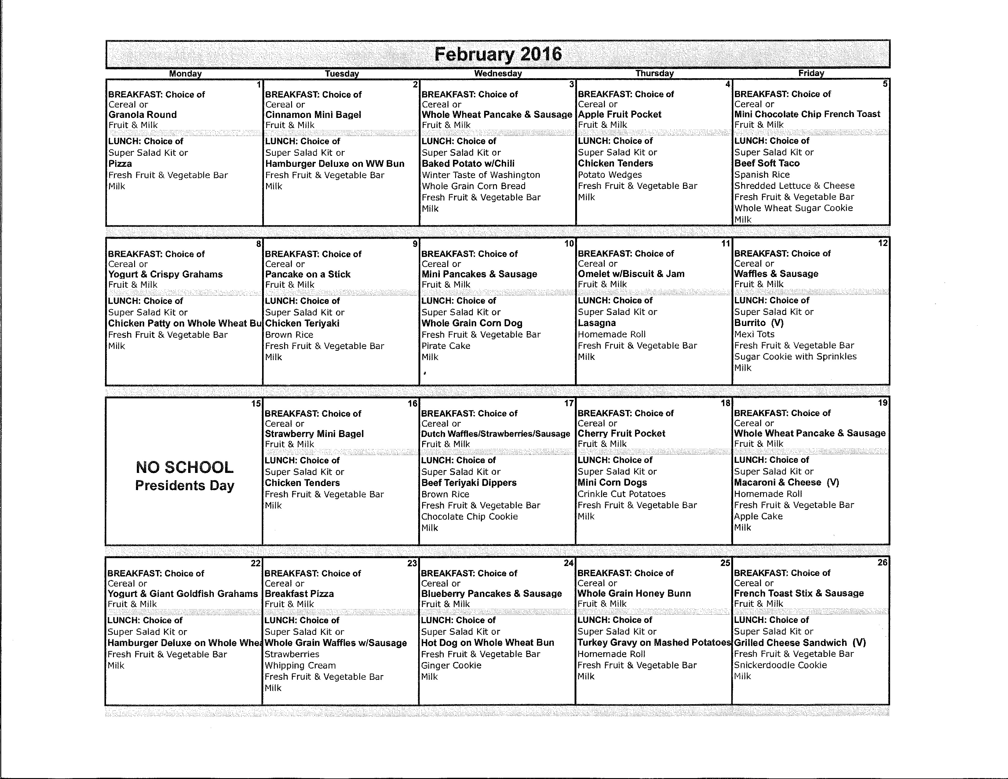 February 2016 Lunch Menu