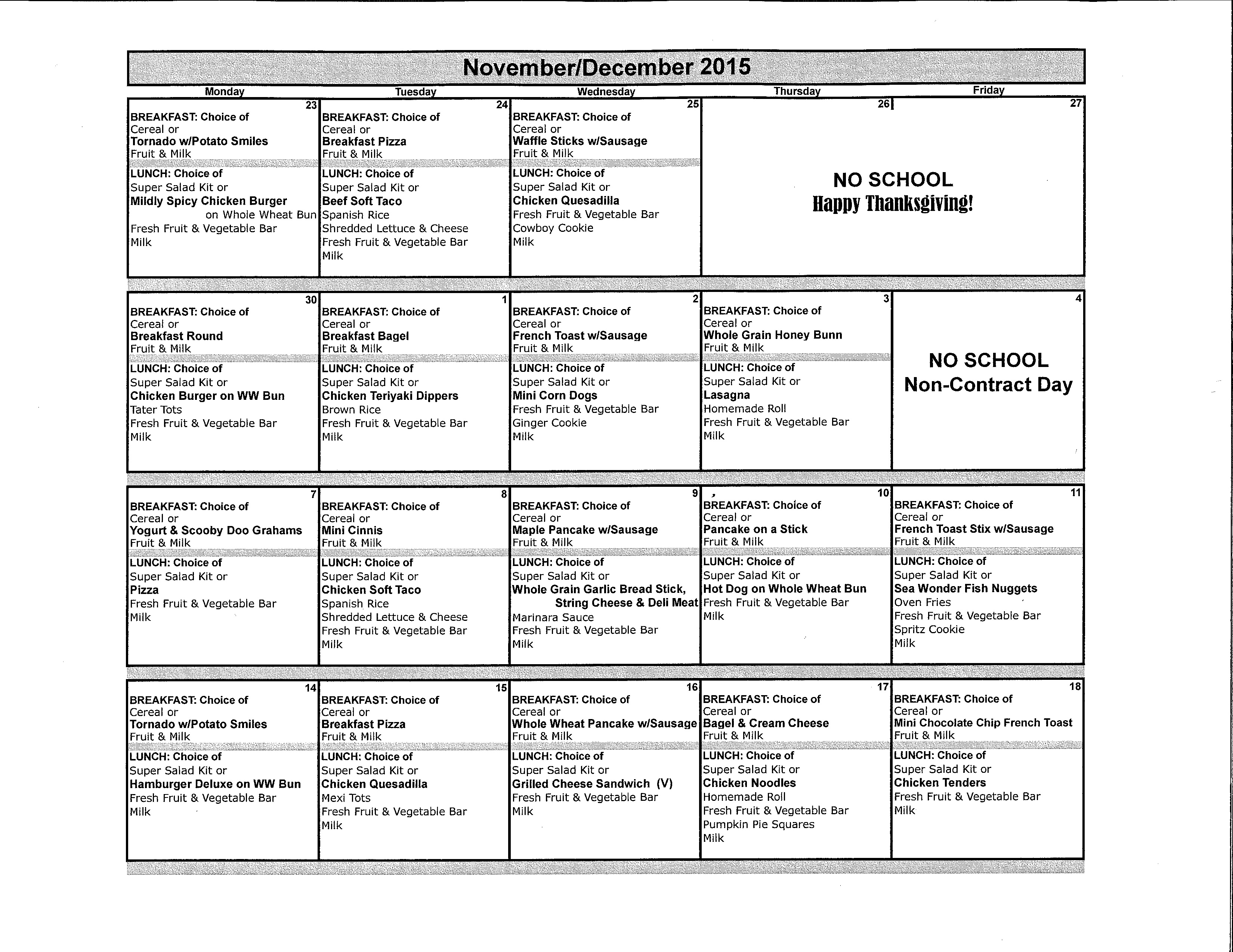 November - December 2015 Lunch Menu