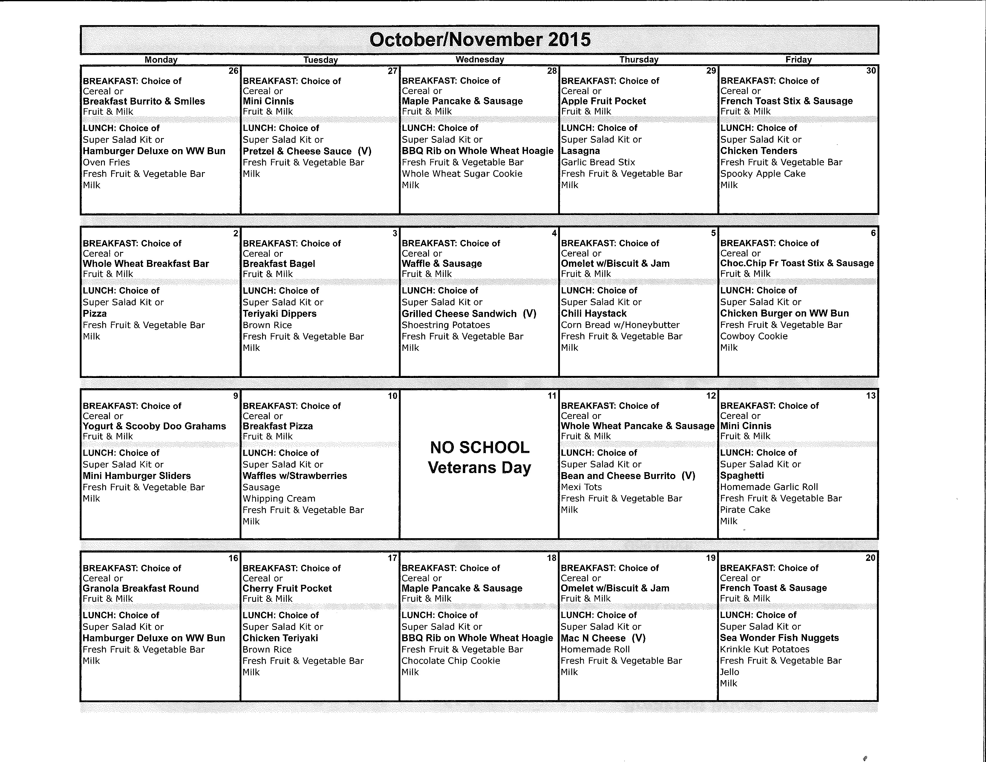 October-November 2015 Lunch Menu